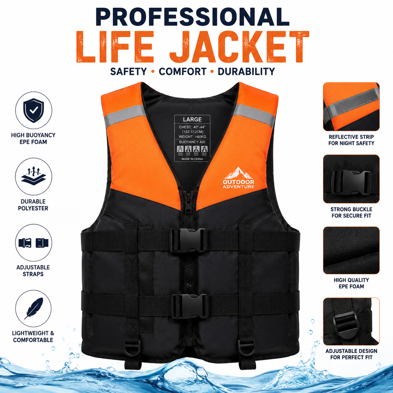 Premium Life Jacket for Adults Large | Swimming, Fishing, Boating & Sailing Safety Vest | Comfortable Lightweight Floatation Jacket for Water Sports